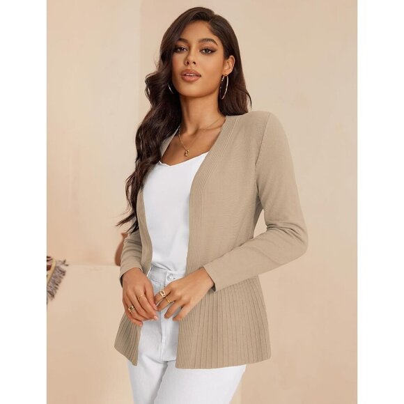 Women's Casual Open Front Sweater Long Sleeve Rib Knit Draped Cardigan Sweater - Picture 3 of 5